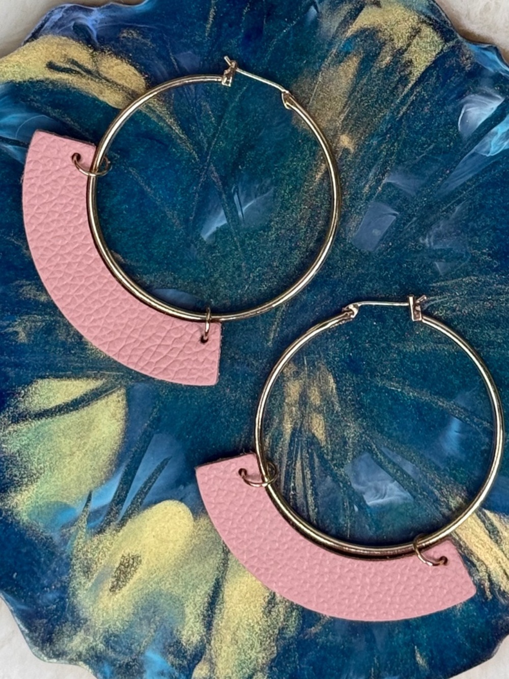 Pink Leather Hoop Earrings | Gold Lightweight Hoops